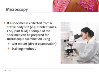 Microscopy
 If a specimen is collected from a
sterile body site (e.g. sterile tissues,
CSF, joint fluid) a sample of the
specimen can be prepared for
microscopic examination using
 Wet mount (direct examination)
 Staining methods
205
 