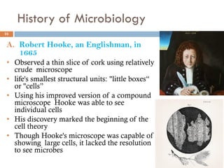 History of Microbiology
23
A. Robert Hooke, an Englishman, in
1665
• Observed a thin slice of cork using relatively
crude microscope
• life's smallest structural units: "little boxes“
or "cells”
• Using his improved version of a compound
microscope Hooke was able to see
individual cells
• His discovery marked the beginning of the
cell theory
• Though Hooke's microscope was capable of
showing large cells, it lacked the resolution
to see microbes
 