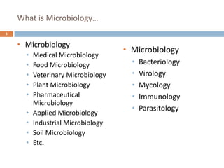 What is Microbiology…
5
• Microbiology
• Medical Microbiology
• Food Microbiology
• Veterinary Microbiology
• Plant Microbiology
• Pharmaceutical
Microbiology
• Applied Microbiology
• Industrial Microbiology
• Soil Microbiology
• Etc.
• Microbiology
• Bacteriology
• Virology
• Mycology
• Immunology
• Parasitology
 