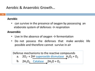Aerobic & Anaerobic Growth…
Aerobic
• can survive in the presence of oxygen by possessing an
elaborate system of defenses → respiration
Anaerobic
• Live in the absence of oxygen → fermentation
• Do not possess the defenses that make aerobic life
possible and therefore cannot survive in air
Defense mechanisms to the reactive compounds
- +
a. 2O2 + 2H superoxide dismutase H2O2 + O2
b. 2H2O2 Catalase 2H2O + O2
73
 