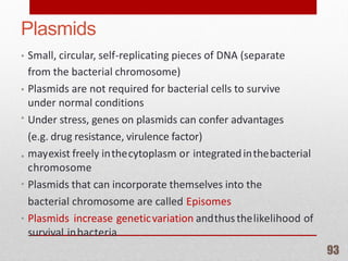 Plasmids
Small, circular, self-replicating pieces of DNA (separate
from the bacterial chromosome)
Plasmids are not required for bacterial cells to survive
under normal conditions
Under stress, genes on plasmids can confer advantages
(e.g. drug resistance, virulence factor)
mayexist freely inthecytoplasm or integratedinthebacterial
chromosome
Plasmids that can incorporate themselves into the
bacterial chromosome are called Episomes
Plasmids increase geneticvariation andthusthelikelihood of
survival inbacteria
•
•
•
•
•
•
93
 