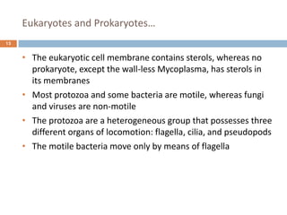 Eukaryotes and Prokaryotes…
13
• The eukaryotic cell membrane contains sterols, whereas no
prokaryote, except the wall-less Mycoplasma, has sterols in
its membranes
• Most protozoa and some bacteria are motile, whereas fungi
and viruses are non-motile
• The protozoa are a heterogeneous group that possesses three
different organs of locomotion: flagella, cilia, and pseudopods
• The motile bacteria move only by means of flagella
 
