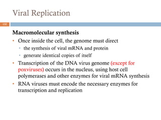 Viral Replication
132
Macromolecular synthesis
• Once inside the cell, the genome must direct
• the synthesis of viral mRNA and protein
• generate identical copies of itself
• Transcription of the DNA virus genome (except for
poxviruses) occurs in the nucleus, using host cell
polymerases and other enzymes for viral mRNA synthesis
• RNA viruses must encode the necessary enzymes for
transcription and replication
 