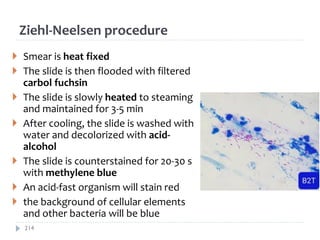 Ziehl-Neelsen procedure
 Smear is heat fixed
 The slide is then flooded with filtered
carbol fuchsin
 The slide is slowly heated to steaming
and maintained for 3-5 min
 After cooling, the slide is washed with
water and decolorized with acid-
alcohol
 The slide is counterstained for 20-30 s
with methylene blue
 An acid-fast organism will stain red
 the background of cellular elements
and other bacteria will be blue
214
 