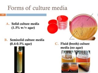 Forms of culture media
223
A. Solid culture media
(1.5% w/v agar)
B. Semisolid culture media
(0.4-0.5% agar) C. Fluid (broth) culture
media (no agar)
 