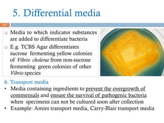 5. Differential media
227
 Media to which indicator substances
are added to differentiate bacteria
 E.g. TCBS Agar differentiates
sucrose fermenting yellow colonies
of Vibrio cholerae from non-sucrose
fermenting green colonies of other
Vibrio species
6. Transport media
• Media containing ingredients to prevent the overgrowth of
commensals and ensure the survival of pathogenic bacteria
when specimens can not be cultured soon after collection
• Example: Amies transport media, Carry-Blair transport media
 