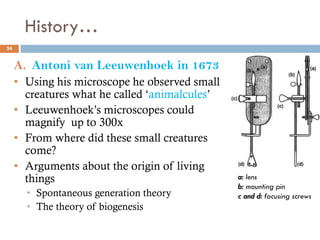 History…
24
A. Antoni van Leeuwenhoek in 1673
• Using his microscope he observed small
creatures what he called ‘animalcules’
• Leeuwenhoek’s microscopes could
magnify up to 300x
• From where did these small creatures
come?
• Arguments about the origin of living
things
• Spontaneous generation theory
• The theory of biogenesis
a: lens
b: mounting pin
c and d: focusing screws
 
