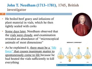 John T. Needham (1713–1781), 1745, British
investigator
27
• He boiled beef gravy and infusions of
plant material in vials, which he then
tightly sealed with corks
• Some days later, Needham observed that
the vials were cloudy, and examination
revealed an abundance of “microscopical
animals of most dimensions”
• As he explained it, there must be a “life
force” that causes inanimate matter to
spontaneously come to life because he
had heated the vials sufficiently to kill
everything
 