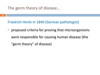 The germ theory of disease…
34
Friedrich Henle in 1840 (German pathologist)
• proposed criteria for proving that microorganisms
were responsible for causing human disease (the
"germ theory" of disease)
 