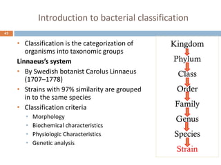 Introduction to bacterial classification
• Classification is the categorization of
organisms into taxonomic groups
Linnaeus’s system
• By Swedish botanist Carolus Linnaeus
(1707–1778)
• Strains with 97% similarity are grouped
in to the same species
• Classification criteria
• Morphology
• Biochemical characteristics
• Physiologic Characteristics
• Genetic analysis
Kingdom
Phylum
Class
Order
Family
Genus
Species
Strain
43
 