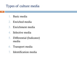 Types of culture media
82
1. Basic media
2. Enriched media
3. Enrichment media
4. Selective media
5. Differential (Indicator)
media
6. Transport media
7. Identification media
 
