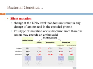 Bacterial Genetics…
• Silent mutation
• change at the DNA level that does not result in any
change of amino acid in the encoded protein
• This type of mutation occurs because more than one
codon may encode an amino acid
97
 