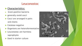 Leuconostoc
 Characteristics:
 Gram-positive bacteria
 generally ovoid cocci
 Cocci are arranged in pairs
and chains
 Catalase-negative
 Organisms are heterofermentative
 Leuconostoc are harmless
saprophytes
 Used in starter culture
 