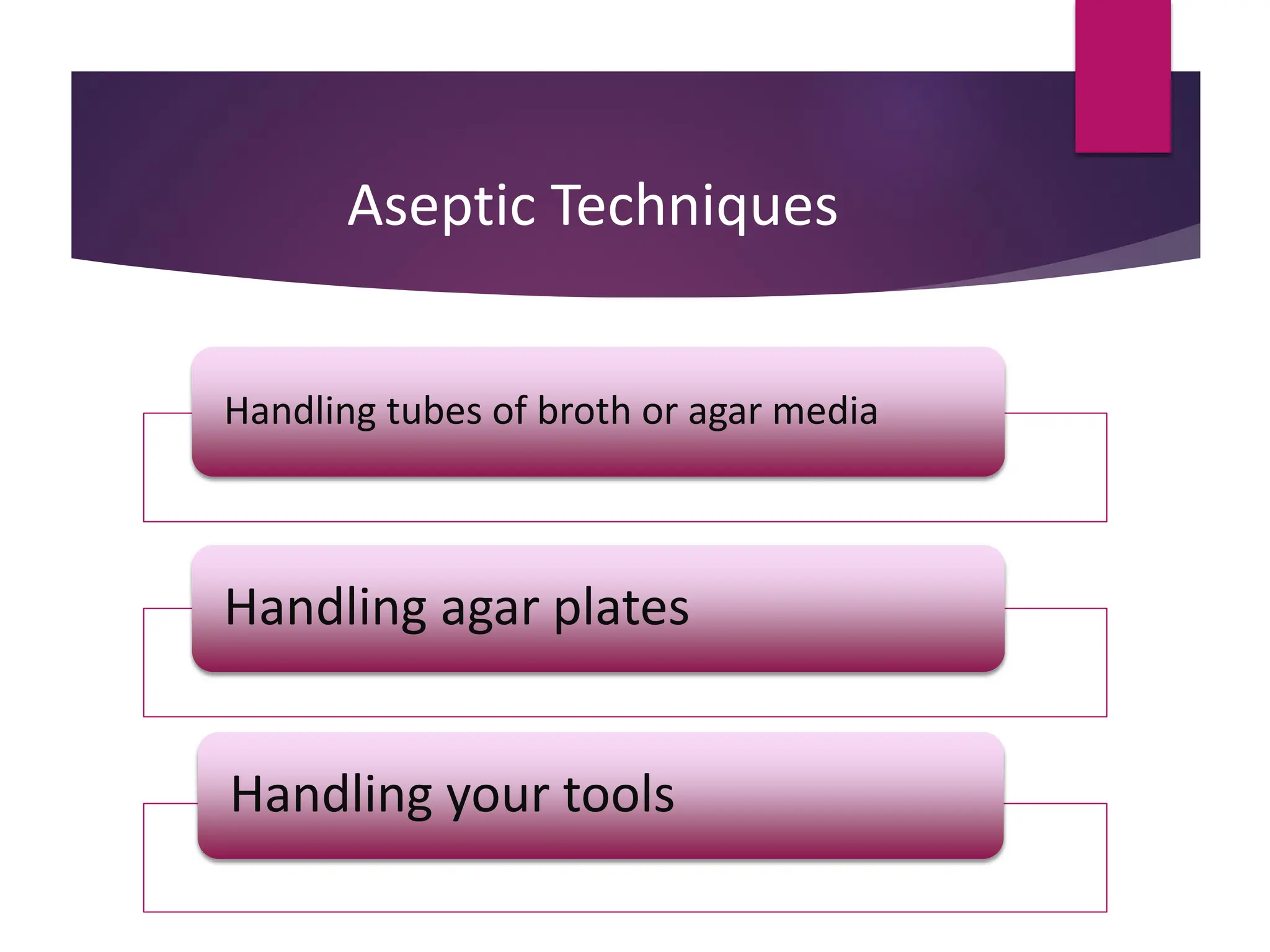 Aseptic Techniques
Handling tubes of broth or agar media
Handling agar plates
Handling your tools
 
