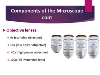 Components of the Microscope
cont
 Objective lenses :
 4x (scanning objective)
 10x (low power objective)
 40x (high power objective)
 100x (oil immersion lens)
 