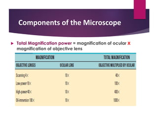 Components of the Microscope
 Total Magnification power = magnification of ocular x
magnification of objective lens
 