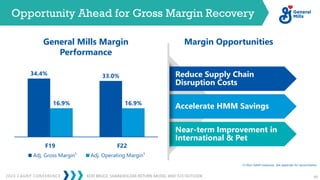 KOFI BRUCE: SHAREHOLDER RETURN MODEL AND F23 OUTLOOK
2023 CAGNY CONFERENCE 63
Opportunity Ahead for Gross Margin Recovery
34.4% 33.0%
16.9% 16.9%
F19 F22
Adj. Gross Margin¹ Adj. Operating Margin¹
Margin Opportunities
Reduce Supply Chain
Disruption Costs
Accelerate HMM Savings
Near-term Improvement in
International & Pet
General Mills Margin
Performance
(1) Non-GAAP measures. See appendix for reconciliation
 