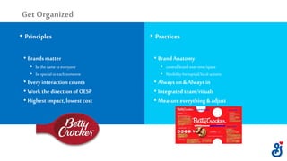 Get Organized
• Principles
• Brandsmatter
• bethe same to everyone
• bespecial to each someone
• Every interaction counts
• Work the direction ofOESP
• Highest impact, lowest cost
• Practices
• BrandAnatomy
• control brand over time/space
• flexibility for topical/local actions
• Always on &Always in
• Integrated team/rituals
• Measureeverything &adjust
 