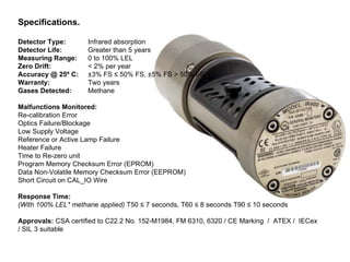 Specifications.  Detector Type:  Infrared absorption  Detector Life:  Greater than 5 years  Measuring Range:  0 to 100% LEL  Zero Drift: < 2% per year  Accuracy @ 25º C:  ±3% FS ≤ 50% FS, ±5% FS > 50% FS  Warranty:  Two years  Gases Detected:  Methane Malfunctions Monitored: Re-calibration Error  Optics Failure/Blockage  Low Supply Voltage  Reference or Active Lamp Failure  Heater Failure  Time to Re-zero unit  Program Memory Checksum Error (EPROM)  Data Non-Volatile Memory Checksum Error (EEPROM)  Short Circuit on CAL_IO Wire  Response Time: (With 100% LEL* methane applied)  T50 ≤ 7 seconds, T60 ≤ 8 seconds T90 ≤ 10 seconds  Approvals:  CSA certified to C22.2 No. 152-M1984, FM 6310, 6320 / CE Marking  /  ATEX /  IECex  / SIL 3 suitable  