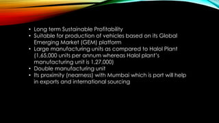 • Long term Sustainable Profitability
• Suitable for production of vehicles based on its Global
Emerging Market (GEM) platform
• Large manufacturing units as compared to Halol Plant
(1,65,000 units per annum whereas Halol plant’s
manufacturing unit is 1,27,000)
• Double manufacturing unit
• Its proximity (nearness) with Mumbai which is port will help
in exports and international sourcing
 
