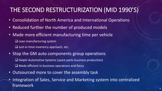 THE SECOND RESTRUCTURIZATION (MID 1990’S)
• Consolidation of North America and International Operations
• Reduced further the number of produced models
• Made more efficient manufacturing time per vehicle
 Lean manufacturing system
 Just-in-time inventory approach, etc.
• Stop the GM auto components group operations
 Delphi Automotive Systems (spare parts business production)
 Made efficient in business operations and focus
• Outsourced more to cover the assembly task
• Integration of Sales, Service and Marketing system into centralized
framework
8
 