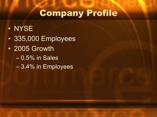 Company Profile
• NYSE
• 335,000 Employees
• 2005 Growth
  – 0.5% in Sales
  – 3.4% in Employees
 