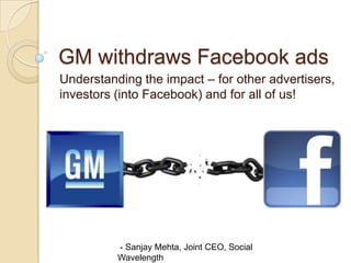 GM withdraws Facebook ads
Understanding the impact – for other advertisers,
investors (into Facebook) and for all of us!




          - Sanjay Mehta, Joint CEO, Social
          Wavelength
 