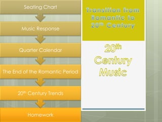 Seating Chart



       Music Response



      Quarter Calendar



The End of the Romantic Period



     20th Century Trends



         Homework
 