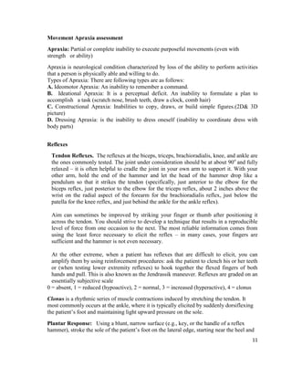 11
Movement Apraxia assessment
Apraxia: Partial or complete inability to execute purposeful movements (even with
strength or ability)
Apraxia is neurological condition characterized by loss of the ability to perform activities
that a person is physically able and willing to do.
Types of Apraxia: There are following types are as follows:
A. Ideomotor Apraxia: An inability to remember a command.
B. Ideational Apraxia: It is a perceptual deficit. An inability to formulate a plan to
accomplish a task (scratch nose, brush teeth, draw a clock, comb hair)
C. Constructional Apraxia: Inabilities to copy, draws, or build simple figures.(2D& 3D
picture)
D. Dressing Apraxia: is the inability to dress oneself (inability to coordinate dress with
body parts)
Reflexes
Tendon Reflexes. The reflexes at the biceps, triceps, brachioradialis, knee, and ankle are
the ones commonly tested. The joint under consideration should be at about 90o
and fully
relaxed – it is often helpful to cradle the joint in your own arm to support it. With your
other arm, hold the end of the hammer and let the head of the hammer drop like a
pendulum so that it strikes the tendon (specifically, just anterior to the elbow for the
biceps reflex, just posterior to the elbow for the triceps reflex, about 2 inches above the
wrist on the radial aspect of the forearm for the brachioradialis reflex, just below the
patella for the knee reflex, and just behind the ankle for the ankle reflex).
Aim can sometimes be improved by striking your finger or thumb after positioning it
across the tendon. You should strive to develop a technique that results in a reproducible
level of force from one occasion to the next. The most reliable information comes from
using the least force necessary to elicit the reflex – in many cases, your fingers are
sufficient and the hammer is not even necessary.
At the other extreme, when a patient has reflexes that are difficult to elicit, you can
amplify them by using reinforcement procedures: ask the patient to clench his or her teeth
or (when testing lower extremity reflexes) to hook together the flexed fingers of both
hands and pull. This is also known as the Jendrassik maneuver. Reflexes are graded on an
essentially subjective scale
0 = absent, 1 = reduced (hypoactive), 2 = normal, 3 = increased (hyperactive), 4 = clonus
Clonus is a rhythmic series of muscle contractions induced by stretching the tendon. It
most commonly occurs at the ankle, where it is typically elicited by suddenly dorsiflexing
the patient’s foot and maintaining light upward pressure on the sole.
Plantar Response: Using a blunt, narrow surface (e.g., key, or the handle of a reflex
hammer), stroke the sole of the patient’s foot on the lateral edge, starting near the heel and
 