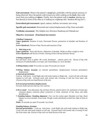 14
Gait assessment: Observe the patient’s casual gait, preferably with the patient unaware of
being observed. Have the patient walk toward you while walking on the heels, then walk
away from you walking on tiptoes. Finally, have the patient walk in tandem, placing one
foot directly in front of the other as if walking on a tightrope (the “drunken driving test”).
Generalized gait assessment: speed, cadence, ballistic movement, arm swing
Specific gait assessment: Horizontal and vertical displacement of hip. Knee and ankle
Vestibular assessment: Dix Halpike test, Dizziness Handicap test Fekkuda test
Objective Assessment (Functional movements)
1.Rolling Component
Upper quadrant: Rotation of neck, Horizontal flexion, protraction of shoulder and Rotation of
trunk
Lower Quadrant: Flexion of hip, Flexion and extension of hip
2. Side lying to sit
Upper quadrant: Neck side flexion, Abduction of shoulder. Wight on elbow weight on wrist
Lower Quadrant side flexion of trunk .Clearing of feet with hip and knee flexion
3.Sitting component
feet and knees close to gather ,Wt evenly distributed , anterior pelvic tilt, flexion of hip with
extension of trunk(shoulders over hips), and head balance on level shoulder
4.Sitting balance static 30 seconds eye open 30 seconds eye closed.
5.Sitting balance dynamic (a) Internal perturbation (displacement) External perturbation
displacement
a) Internal perturbation
Look up ,look down ,Look Right side with trunk rotation to Right side ,Look Left side with trunk
rotation to Left side ,Forward reach with normal side ,Crossing of mid line from intact side
,Flexion of hip with over head flexion of the arm
b) External perturbation (displacement)
Forward, backward and sideways slow and fast
6.Sit to stand Foot placement, hip and knee flexion, anterior pelvic tilt, inclination of trunk (pre
extension phase), extension phase (extension of trunk, extension of hip, knees and ankle
dorsiflexion)
7. Standing balance: Standing alignment : Fee t are few inches apart ,Shoulder over hips ,Head
balance on level shoulder ,Erect trunk ,Weight evenly distributed on both feet ,Hips in front of
ankle
Static; 30 seconds eye open 30 seconds’ eye closed.
Standing balance; dynamic
Internal perturbation : Look up ,look down ,Look Right side with trunk rotation to Right side
,Look Left side with trunk rotation to Left side ,Forward reach with normal side ,Crossing of mid
line from intact side ,Flexion of hip with over head flexion of the arm
 