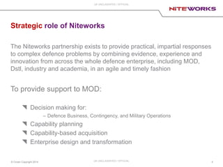 © Crown Copyright 2014
UK UNCLASSIFED / OFFICIAL
4UK UNCLASSIFIED / OFFICIAL
Strategic role of Niteworks
The Niteworks partnership exists to provide practical, impartial responses
to complex defence problems by combining evidence, experience and
innovation from across the whole defence enterprise, including MOD,
Dstl, industry and academia, in an agile and timely fashion
To provide support to MOD:
 Decision making for:
– Defence Business, Contingency, and Military Operations
 Capability planning
 Capability-based acquisition
 Enterprise design and transformation
 