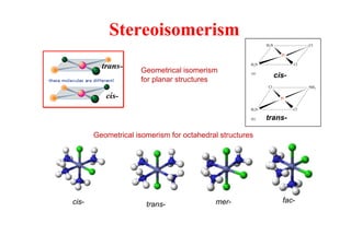 Stereoisomerism
Geometrical isomerism for octahedral structures
trans- mer- fac-
cis-
Geometrical isomerism
for planar structures
trans-
cis-
 