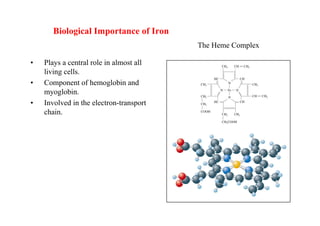 Biological Importance of Iron
• Plays a central role in almost all
living cells.
• Component of hemoglobin and
myoglobin.
• Involved in the electron-transport
chain.
The Heme Complex
 