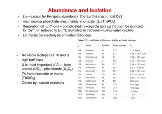 Abundance and isolation
- Ln – except for Pm quite abundant in the Earth‘s crust (most Ce)
- main source phosohate ores, mainly monazite ((Ln,Th)PO4)
- Separation of Ln3+ ions – complicated (except Ce and Eu that can be oxidized
to Ce4+, or reduced to Eu2+); multistep extractions – using water/organic
- Ln metals by electrolysis of molten chlorides
- No stable isotops but Th and U
high half-lives
- U is most important of An – from
uranite (UO2), pitchblende (U3O8)
- Th from monazite or thorite
(ThSiO4)
- Others by nuclear reactions
 