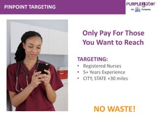 PINPOINT TARGETING
TARGETING:
• Registered Nurses
• 5+ Years Experience
• CITY, STATE +30 miles
NO WASTE!
Only Pay For Those
You Want to Reach
 