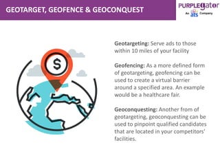 GEOTARGET, GEOFENCE & GEOCONQUEST
Geotargeting: Serve ads to those
within 10 miles of your facility
Geofencing: As a more defined form
of geotargeting, geofencing can be
used to create a virtual barrier
around a specified area. An example
would be a healthcare fair.
Geoconquesting: Another from of
geotargeting, geoconquesting can be
used to pinpoint qualified candidates
that are located in your competitors’
facilities.
 