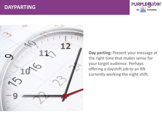 DAYPARTING
Day parting: Present your message at
the right time that makes sense for
your target audience. Perhaps
offering a dayshift job to an RN
currently working the night shift.
 