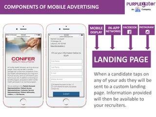 COMPONENTS OF MOBILE ADVERTISING
LANDING PAGE
When a candidate taps on
any of your ads they will be
sent to a custom landing
page. Information provided
will then be available to
your recruiters.
MOBILE
DISPLAY
IN-APP
NETWORKS
FACEBOOK INSTAGRAM
 