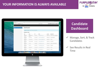 YOUR INFORMATION IS ALWAYS AVAILABLE
Candidate
Dashboard
 Manage, Sort, & Track
Candidates
 See Results in Real
Time
 