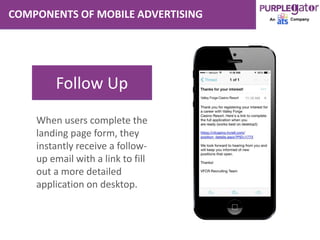 Follow Up
COMPONENTS OF MOBILE ADVERTISING
When users complete the
landing page form, they
instantly receive a follow-
up email with a link to fill
out a more detailed
application on desktop.
DISPLY
IN-APP
NETWORKS
 