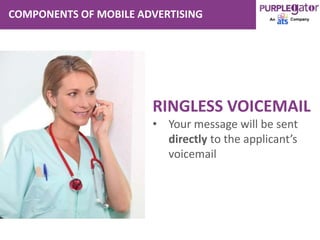 COMPONENTS OF MOBILE ADVERTISING
RINGLESS VOICEMAIL
• Your message will be sent
directly to the applicant’s
voicemail
 