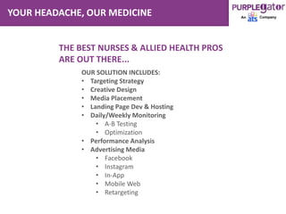 OUR SOLUTION INCLUDES:
• Targeting Strategy
• Creative Design
• Media Placement
• Landing Page Dev & Hosting
• Daily/Weekly Monitoring
• A-B Testing
• Optimization
• Performance Analysis
• Advertising Media
• Facebook
• Instagram
• In-App
• Mobile Web
• Retargeting
YOUR HEADACHE, OUR MEDICINE
THE BEST NURSES & ALLIED HEALTH PROS
ARE OUT THERE...
 