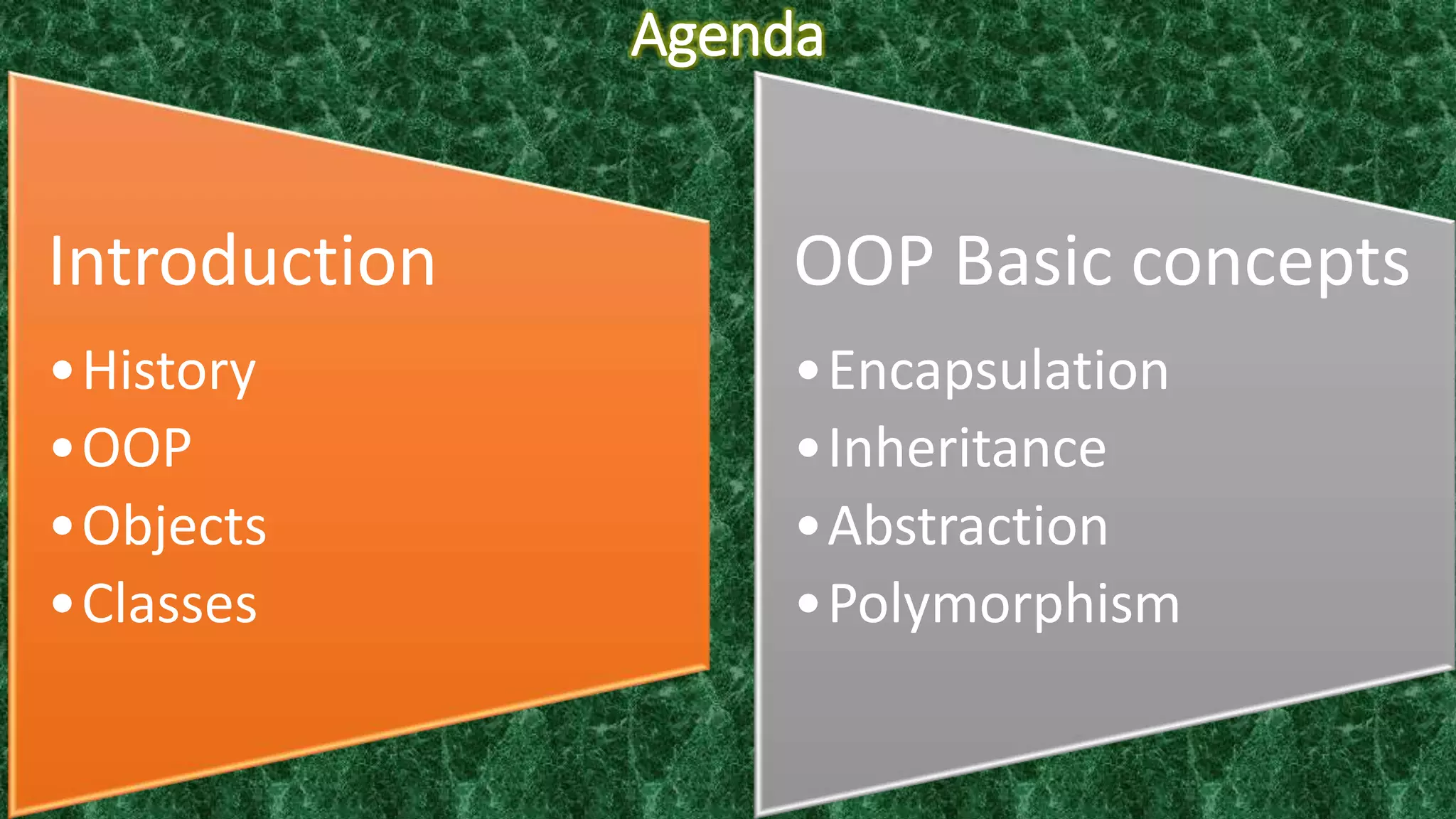 Agenda
Introduction
•History
•OOP
•Objects
•Classes
OOP Basic concepts
•Encapsulation
•Inheritance
•Abstraction
•Polymorphism
 