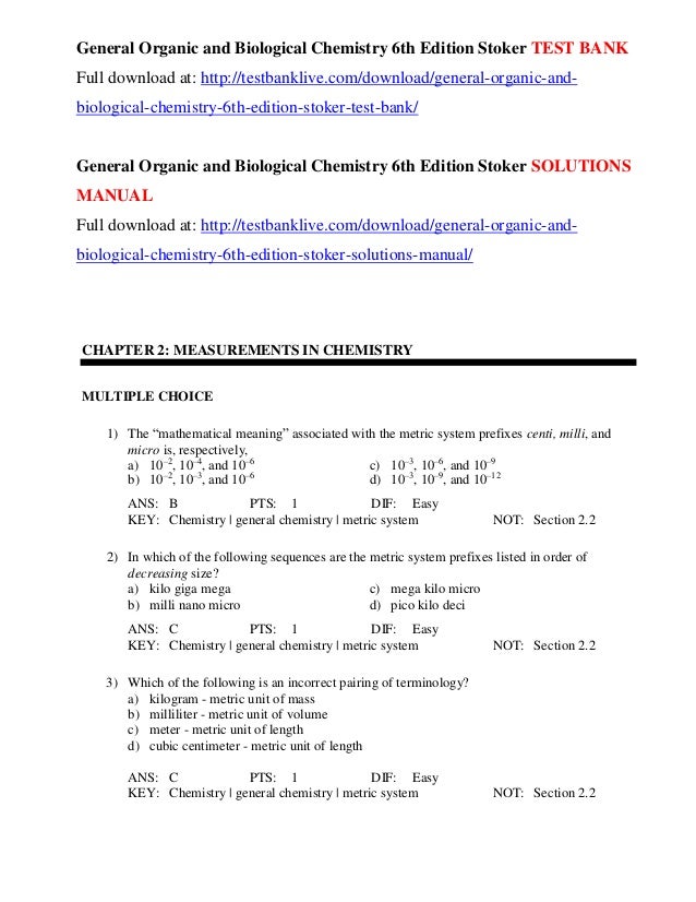 General organic and biological chemistry 6th edition stoker test bank