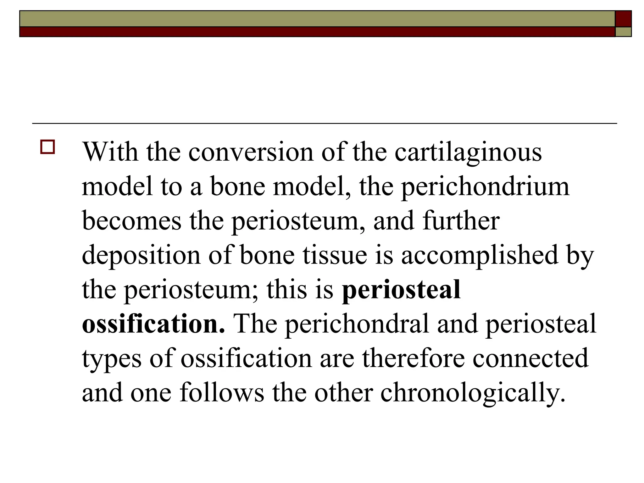  With the conversion of the cartilaginous
model to a bone model, the perichondrium
becomes the periosteum, and further
deposition of bone tissue is accomplished by
the periosteum; this is periosteal
ossification. The perichondral and periosteal
types of ossification are therefore connected
and one follows the other chronologically.
 