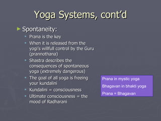 Yoga Systems, cont’d Spontaneity: Prana is the key When it is released from the yogi’s willfull control by the Guru ( prannothana ) Shastra describes the consequences of spontaneous yoga (extremely dangerous) The goal of all yoga is freeing your kundalini  Kundalini = consciousness Ultimate consciousness = the mood of Radharani Prana in mystic yoga Bhagavan in bhakti yoga Prana = Bhagavan 
