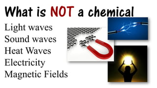 What is NOT a chemical
Light waves
Sound waves
Heat Waves
Electricity
Magnetic Fields
 