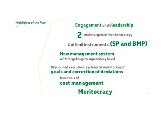 Highlights of the Plan
—
main targets drive the strategy
Unified instruments
New management system
with targets up to supervisory level
Disciplined execution: systematic monitoring of
goals and correction of deviations
New tools of
cost management
Meritocracy
2
(SP and BMP)
7
Engagement of all leadership
 