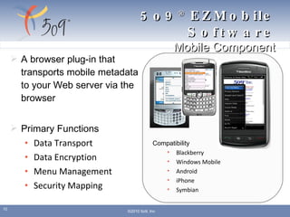 A browser plug-in that transports mobile metadata to your Web server via the browser Primary Functions Data Transport Data Encryption Menu Management Security Mapping Compatibility Blackberry Windows Mobile Android iPhone Symbian 5o9 ®  EZMobile Software Mobile Component ©2010 5o9, Inc 
