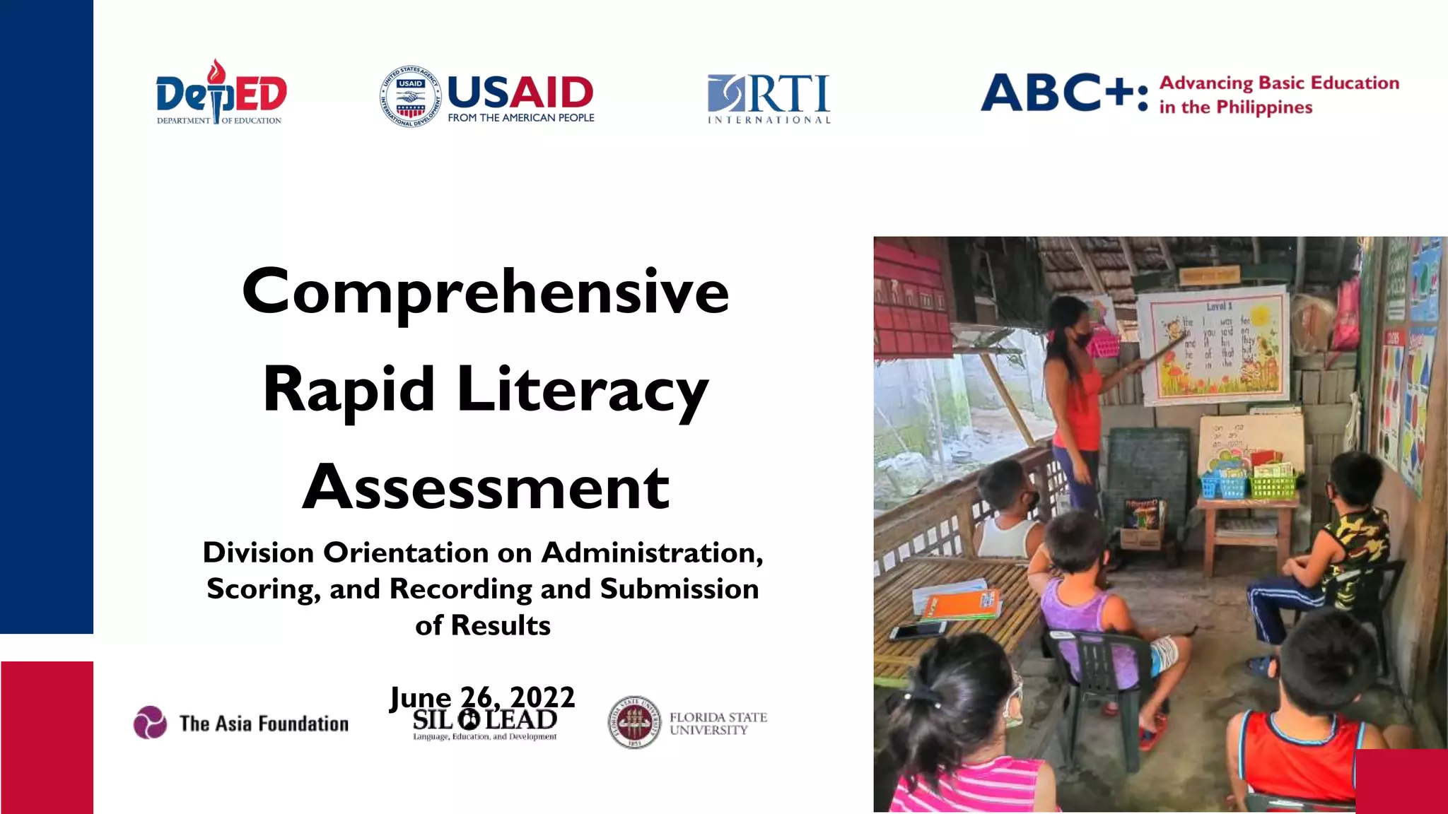 Comprehensive
Rapid Literacy
Assessment
Division Orientation on Administration,
Scoring, and Recording and Submission
of Results
June 26, 2022
 